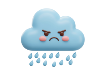 Angry blue cloud with rain drops isolated PNG, cartoon weather icon with sad face for graphic design and social media