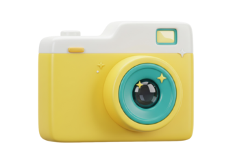Cute yellow toy camera PNG isolated, retro style photography device for kids and creative projects on transparent background