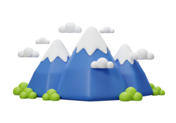 Stylized mountain range with snow caps isolated on transparent background, 3D rendering of cartoon mountains with clouds and green bushes