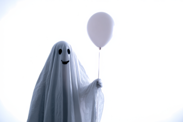 A cute ghost holding a white balloon isolated on a white background perfect for Halloween designs and spooky themes