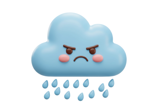 Angry blue cloud with rain drops isolated PNG, cartoon weather icon with sad face for graphic design and social media