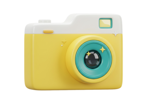Cute yellow toy camera PNG isolated, retro style photography device for kids and creative projects on transparent background