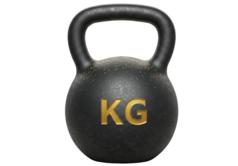 Black kettlebell with golden KG isolated on transparent background, fitness equipment for strength training and weightlifting