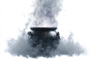 Steaming cauldron with smoke and mist a magical brewing pot isolated on white background