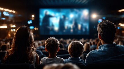 A family watches an engaging movie in a crowded theater, their faces lit by the screen, capturing a shared moment of joy and excitement. Suitable for family entertainment concepts.