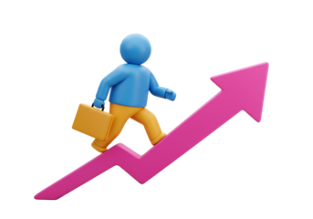 3D businessman with briefcase climbing up a pink arrow isolated PNG, representing career growth and success on transparent background