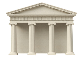 Fototapeta premium Classical Greek temple facade isolated, architectural design with columns and pediment in stone, ancient building structure