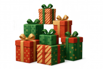 Stack of festive christmas gift boxes with red and green wrapping and gold ribbons, celebrating holiday season