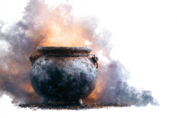 Steaming cauldron with fire and smoke fantasy illustration isolated on white background for Halloween or magical themes