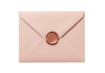 Elegant blush pink envelope with wax seal isolated on white, invitation stationery for wedding or special occasion