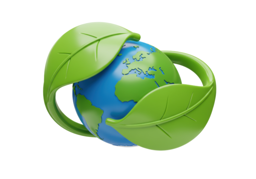 Earth globe with green leaves isolated on white, environmental conservation concept in PNG format for graphic design and web use