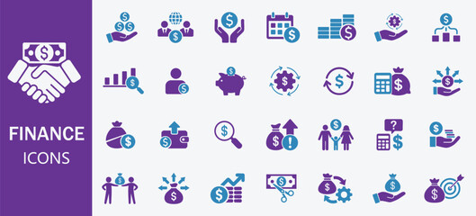 Finance icon set. Financial Growth, Savings, Payment, Currency Exchange, Income, Profit and more. Solid icons collection
