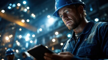 Industrial worker using tablet in a factory, highlighting the integration of technology in traditional industry, under dramatic industrial lighting.