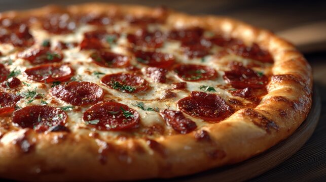 Pepperoni pizza with melted cheese and herbs on a wooden table in warm light, perfect for food advertising and menu design.