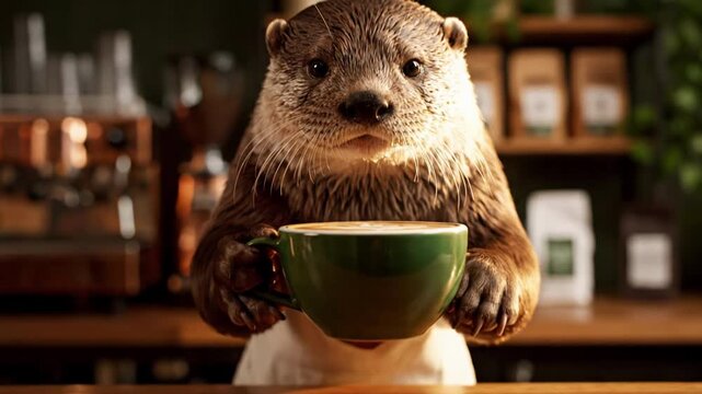 Charming Otter Barista Presents Perfect Latte &ndash; Cozy Coffee Shop Craftsmanship