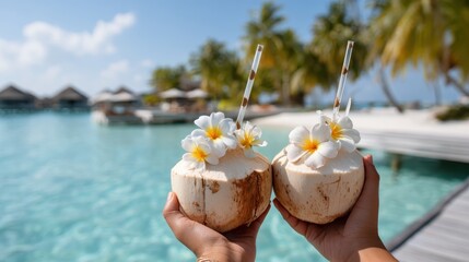 Hands holding two fresh coconuts with frangipani flowers and straws, toasting a luxurious tropical getaway over turquoise water and overwater bungalows in paradise
