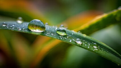 Close up of water droplets on a green leaf with a blurred background in a macro photograph