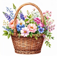 Obraz premium Floral Basket Arrangement with Roses and Assorted Flowers on White Background