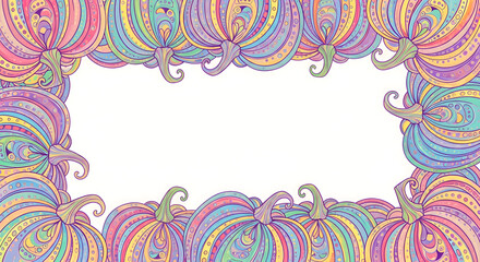 Colorful pumpkins frame isolated on white background, perfect for autumn and halloween designs with vibrant hues and intricate details for invitations