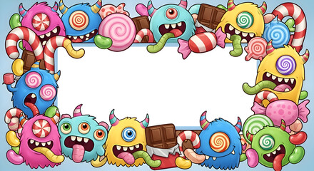 Fototapeta premium A cute and colorful halloween frame with candy monsters, perfect for adding a playful and sweet touch to your designs and invitations