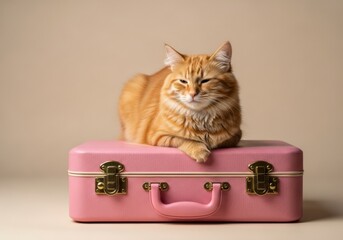 Gato ruivo deitado em uma mala rosa em um estúdio bege, conceito de férias e preparação para viagens