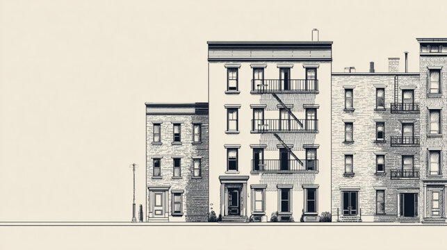 Architectural line drawing of urban apartment buildings in a row.
