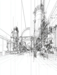 Fototapeta premium Detailed architectural sketch of an industrial factory complex.