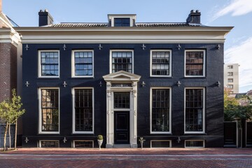 Obraz premium Historic black facade house in Amsterdam showcasing classic architecture and urban charm on a sunny day in a quiet street