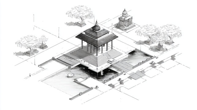 Isometric architectural sketch of a traditional Asian pavilion building.