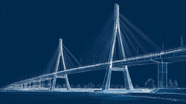 Architectural blueprint of a modern cable stayed bridge structure design.