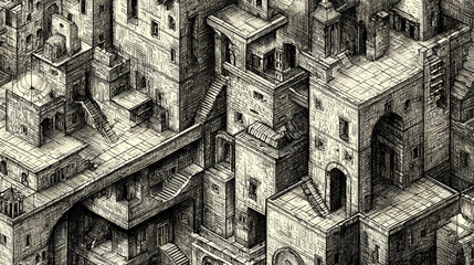 Fototapeta premium Detailed Pen and Ink Sketch of an Ancient Labyrinthine Cityscape.