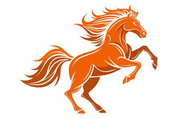 Illustration of a vibrant orange horse rearing up on its hind legs with flowing mane and tail design art