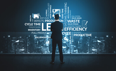 A business professional stands before a glowing wall of lean methodology concepts, visualizing strategies for enhancing efficiency and productivity in a corporate setting. Tessel