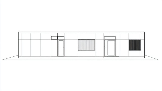 Architectural line drawing of a modern single story building facade.