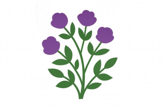 Purple flowers bouquet with green stems and leaves, minimal botanical illustration, transparent background