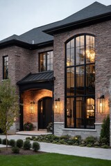 Modern brick house features large windows and elegant outdoor lighting, highlighting architectural design in an evening setting