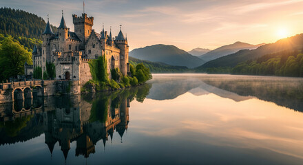 Fairytale Castle at Sunrise, Mirrored in Calm Mountain Lake
A mesmerizing panoramic view of a fairytale-like castle with spires and turrets, dramatically positioned on the edge of a still