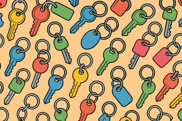Seamless pattern of colorful vintage style keys and keychains on a textured background
