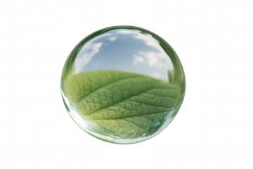 Water drop reflecting vibrant green leaf and blue sky with clouds, transparent background, nature concept