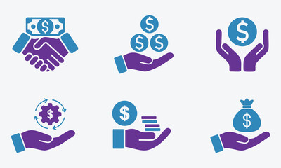 set of hand icons. Collection of Six Finance Related Icons Depicting Money Transactions and Investments