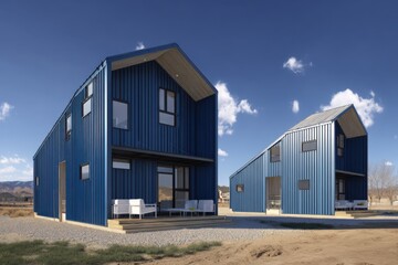 Naklejka premium Nestled in a sunny, arid landscape, you'll find two contemporary blue houses featuring a distinctive architectural design, all beneath a bright, clear sky