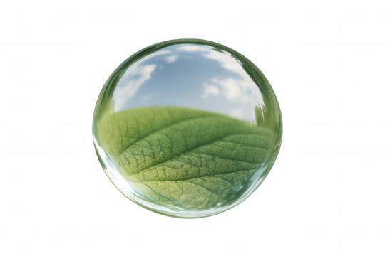 Water drop reflecting vibrant green leaf and blue sky with clouds, transparent background, nature concept