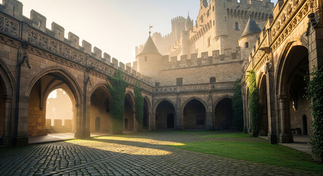 Sunlight Flooding the Peaceful Cobblestone Courtyard of a Medieval Castle
An atmospheric and beautiful view inside the courtyard of a grand medieval castle. The scene is dramatically lit by golden su
- Powered by Adobe