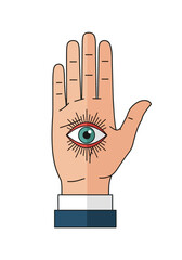 Fototapeta premium Mystical Flat Vector Hand With Allseeing Eye Symbol