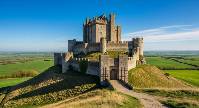 Majestic Medieval Castle Standing Proud on Rolling Green Hills
A striking, wide-angle view of a majestic medieval castle perched high on a natural mound, dominating the surrounding lush