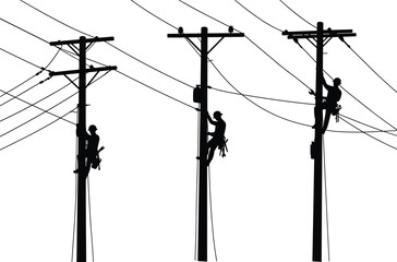 Silhouette of electrical line workers climbing utility poles, repairing high voltage power lines, teamwork safety concept, energy maintenance illustration.