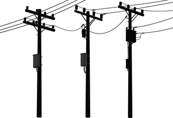 Silhouette of electric utility poles with transformer boxes and power lines, high voltage electricity network, urban energy infrastructure, black and white vector illustration.
