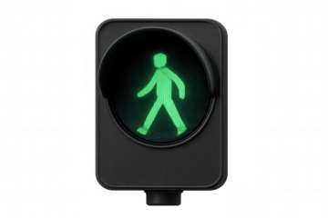 Pedestrian traffic light showing green walk signal for safe crosswalk movement, navigating urban road