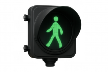 Pedestrian traffic light showing green 'go' signal, indicating safety and permission to crossing road, transparent background