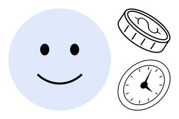 happy face beside clock and coin, signifying happiness, time management, financial planning. Ideal for wellbeing, productivity, budgeting, time-saving financial literacy goal-setting. Simple flat